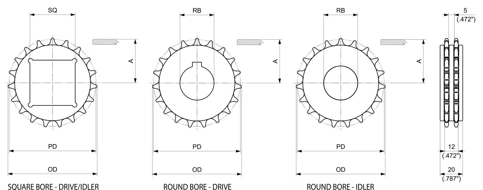 Machined Solid Drive and Idler Sprockets — 600 Series dimension drawing — Regina Conveyor Catalogue p192