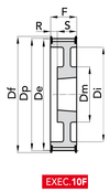 Chiaravalli Taper-Lock® Timing Pulley H 100 (1/2″ pitch) — EXEC. 10F dimension drawing
