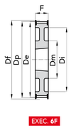 Chiaravalli Taper-Lock® Timing Pulley H 100 (1/2″ pitch) — EXEC. 6F dimension drawing
