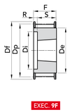 Chiaravalli Taper-Lock® Timing Pulley H 100 (1/2″ pitch) — EXEC. 9F dimension drawing