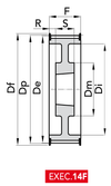 Chiaravalli Taper-Lock® Timing Pulley H 300 (1/2″ pitch) — EXEC. 14F dimension drawing