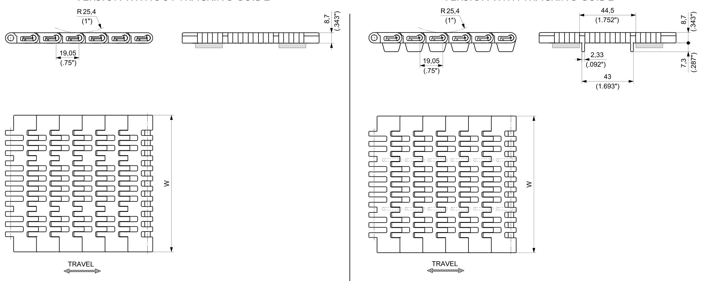 UP 7200 Series Chain dimension drawing — Regina Conveyor Catalogue p227