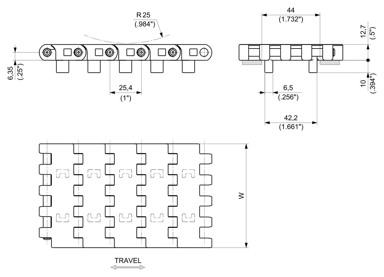 UP USPM Series Chain dimension drawing — Regina Conveyor Catalogue p234