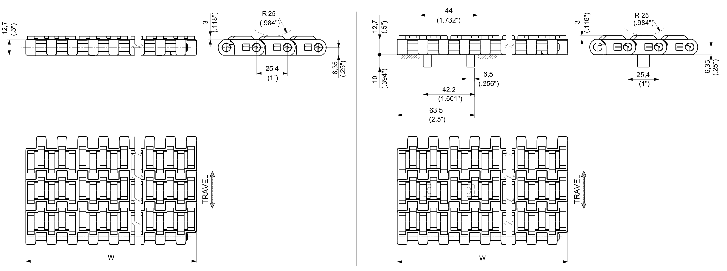PP HF USPM Series dimension drawing — Regina Conveyor Catalogue p237