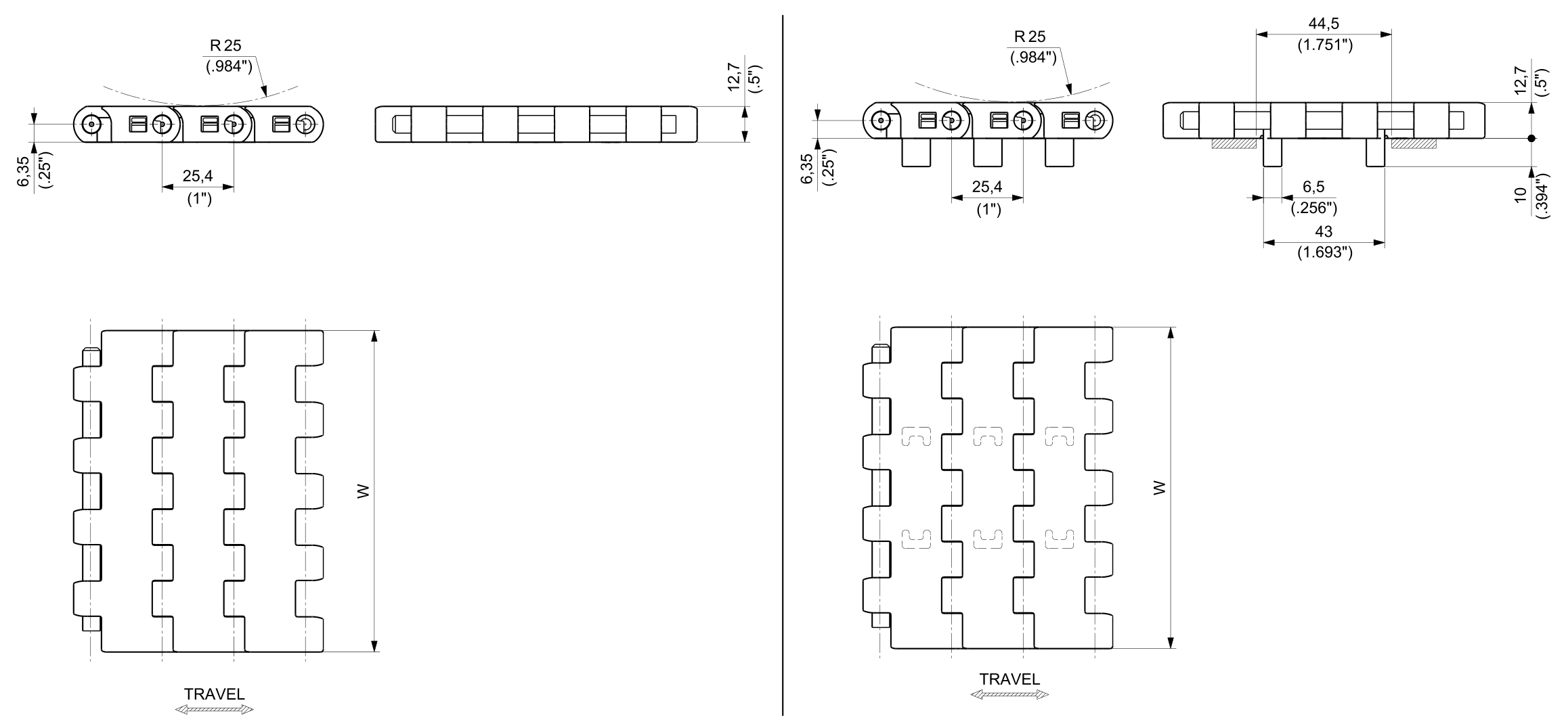 AR USP Series Chain dimension drawing — Regina Conveyor Catalogue p241