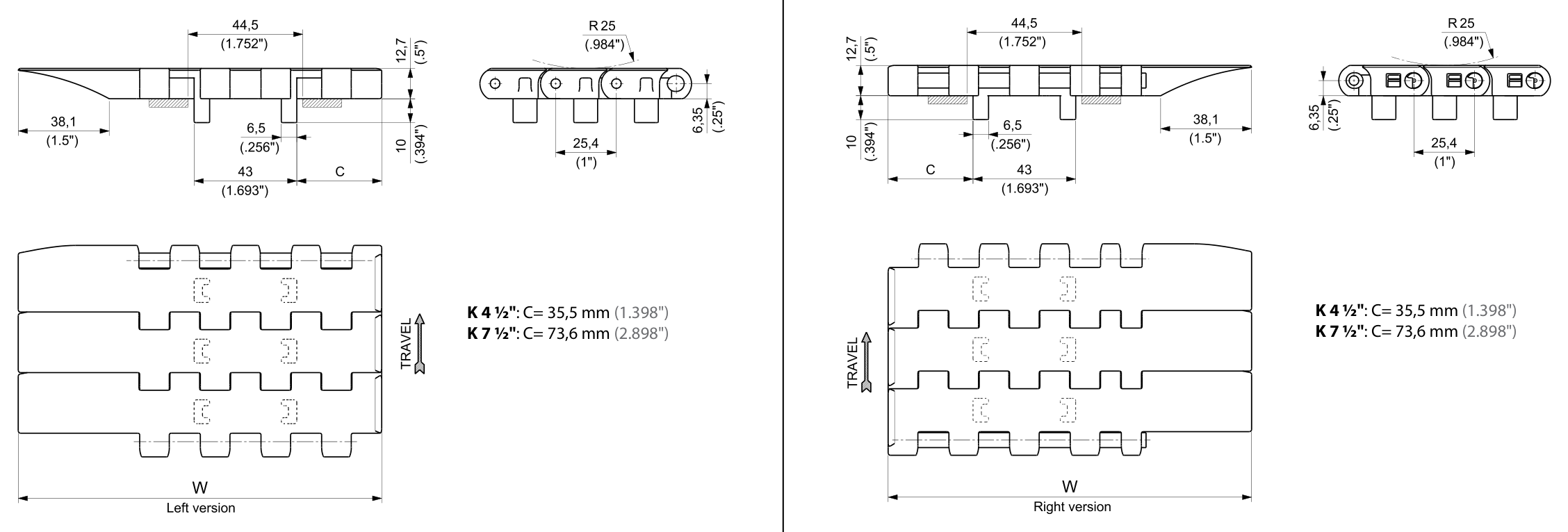UP USPG ATM Series dimension drawing — Regina Conveyor Catalogue p243