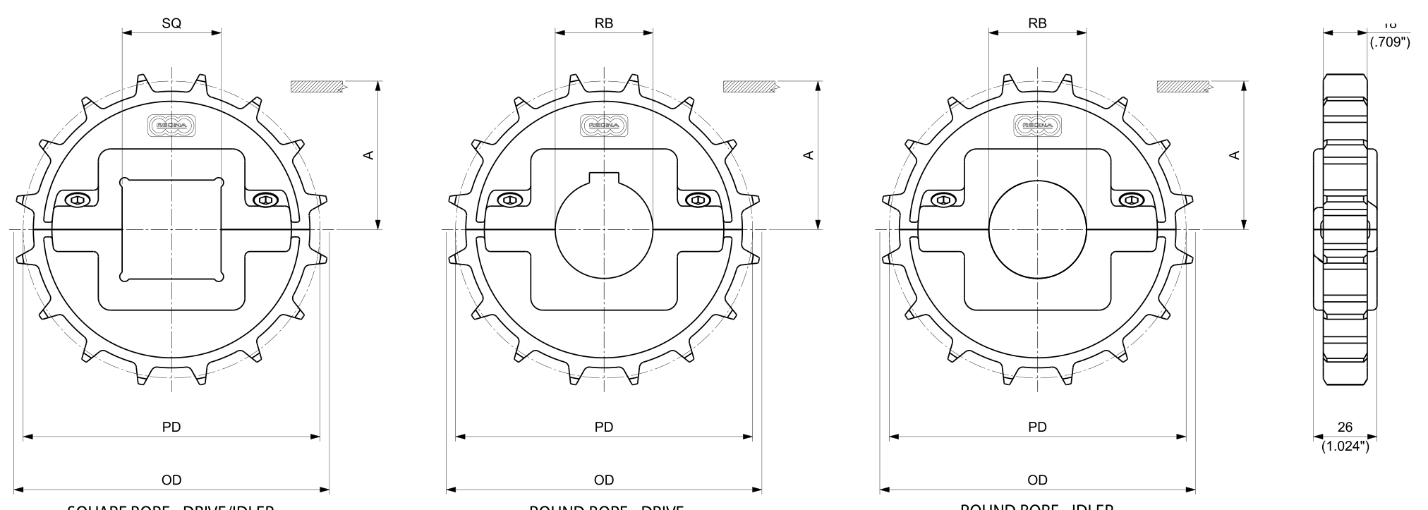 Moulded Split Drive and Idler Sprockets — USP Series dimension drawing — Regina Conveyor Catalogue p245