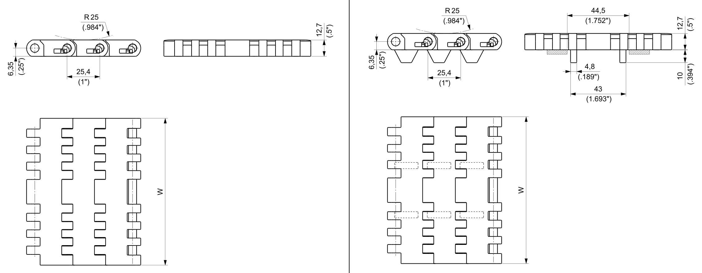 AR 1305 Series Chain dimension drawing — Regina Conveyor Catalogue p247