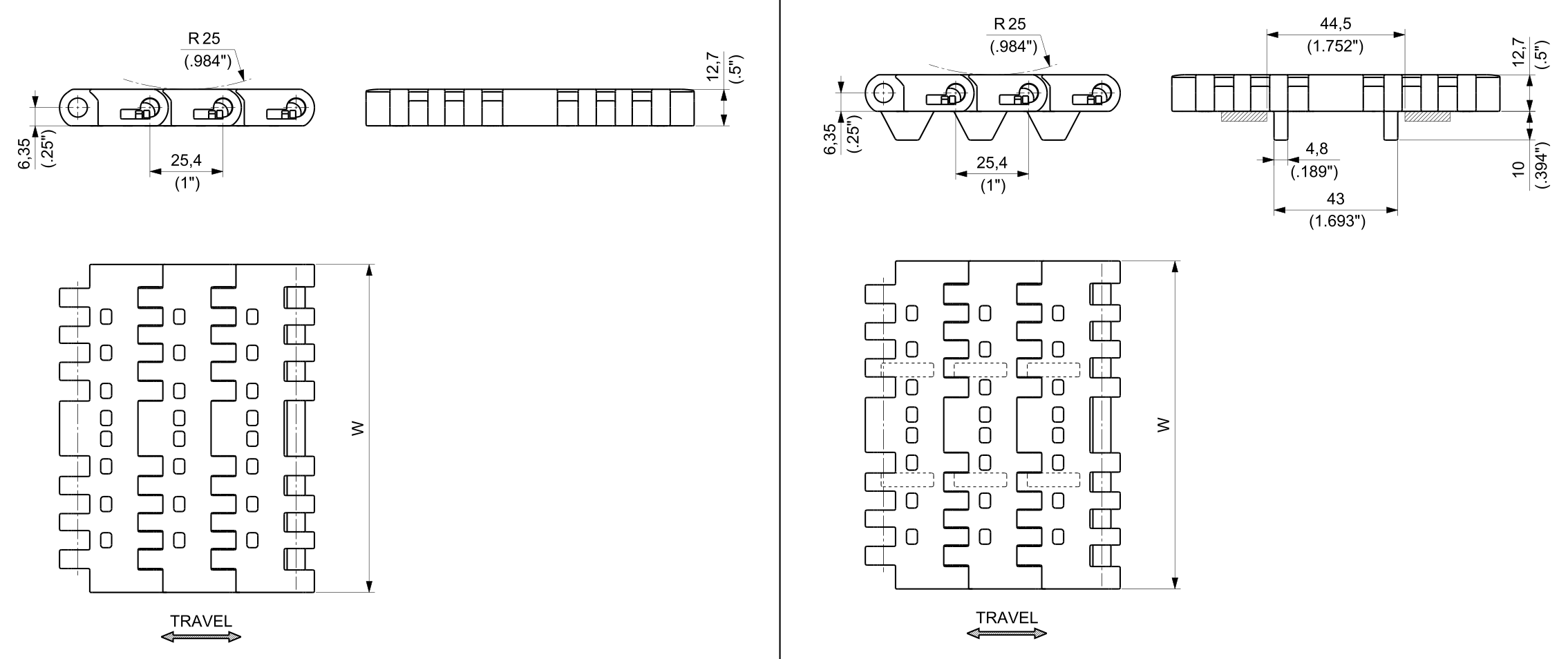 UP 1405 Series Chain dimension drawing — Regina Conveyor Catalogue p250