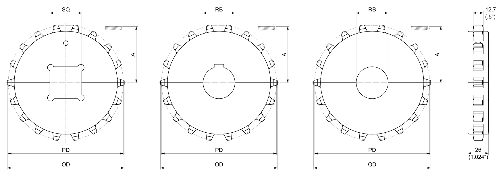 Machined Split Drive and Idler Sprockets — 1305 Series dimension drawing — Regina Conveyor Catalogue p252