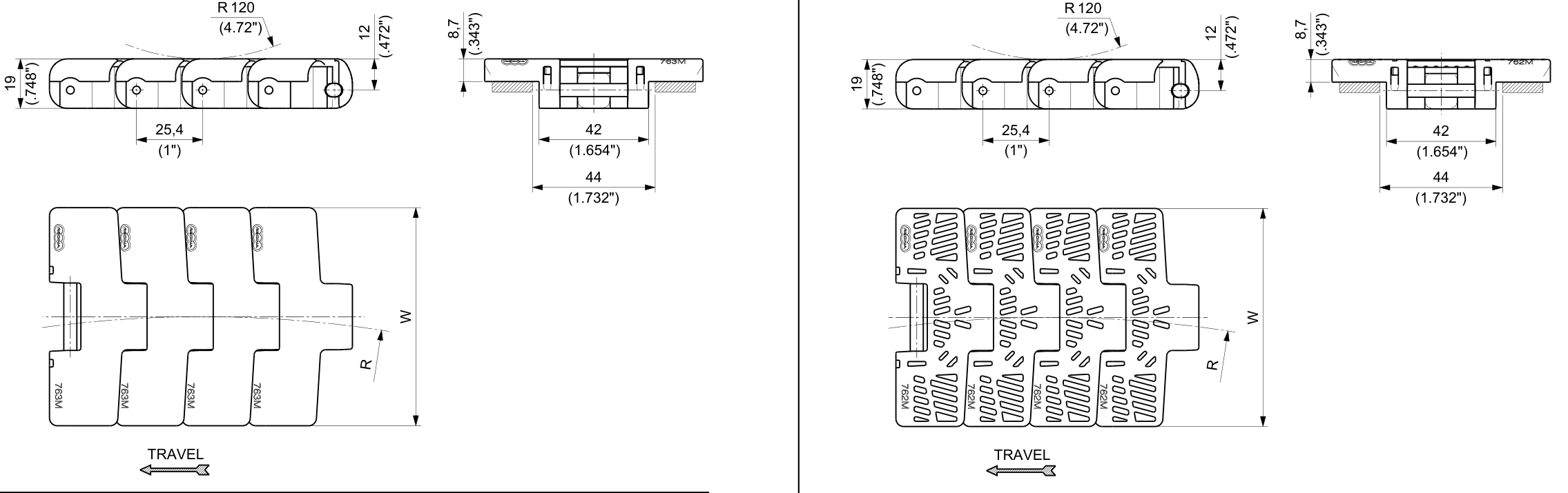 UP 763M Series dimension drawing — Regina Conveyor Catalogue p257