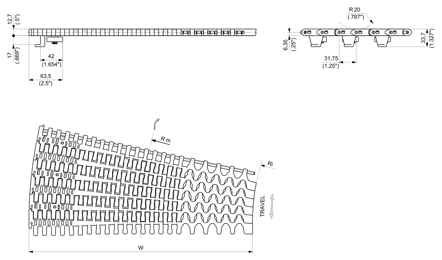 UP 2556HTB-SR Series dimension drawing — Regina Conveyor Catalogue p266