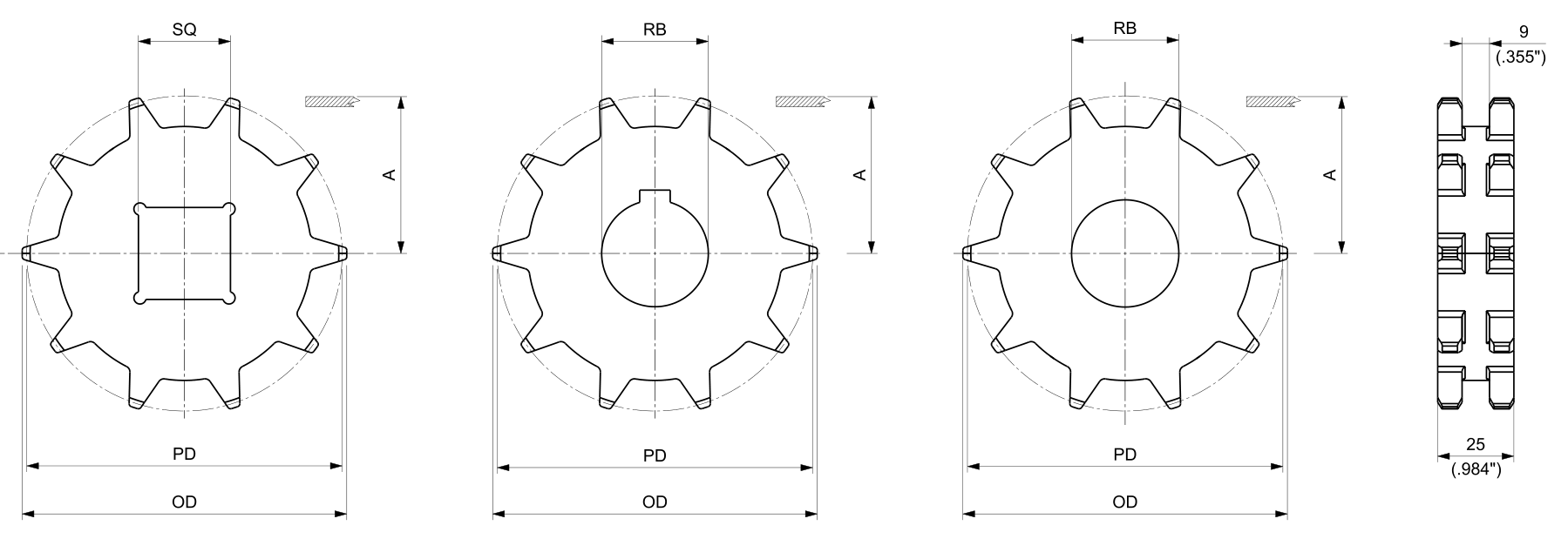 Machined Double Row Solid Drive and Idler Sprockets — 2556 Series dimension drawing — Regina Conveyor Catalogue p267