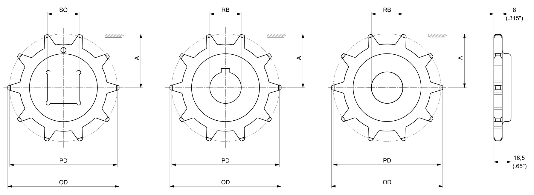 Machined Solid Drive and Idler Sprockets — 2556 Series (SR) dimension drawing — Regina Conveyor Catalogue p269