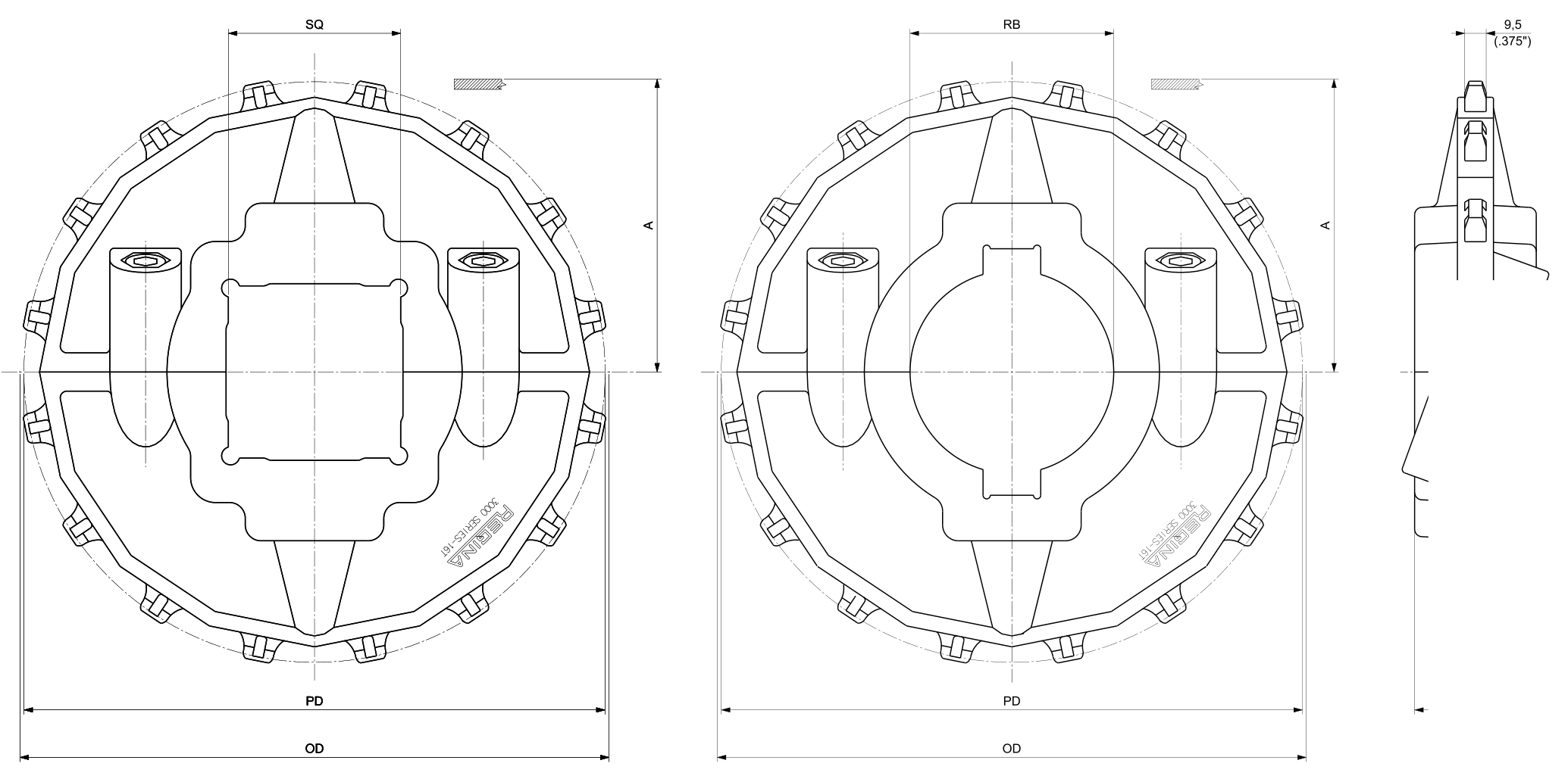 Moulded Split Drive and Idler Sprockets — 3000 Series dimension drawing — Regina Conveyor Catalogue p292