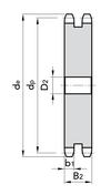 Chiaravalli Platewheel 10B-2 Duplex (5/8” × 3/8”) — dimensioned drawing (duplex cross-section: de, dp, D2, b1 / B2)