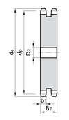 Chiaravalli Platewheel 12B-2 Duplex (3/4” × 7/16”) — dimensioned drawing (duplex cross-section: de, dp, D2, b1 / B2)