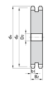 Chiaravalli Platewheel 24B-2 Duplex (1” 1/2 × 1”) — dimensioned drawing (duplex cross-section: de, dp, D2, b1 / B2)
