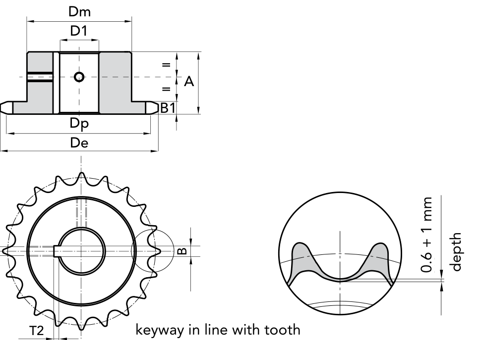 Chiaravalli THF Chain Sprocket with Hole + Keyway + Screw Holes 16B-1 (1″ × 17.02 · Z 12–19) — dimension drawing