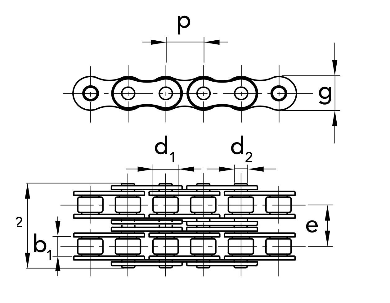 Chiaravalli XRC Roller Chain ASA 60-2 Duplex — dimension drawing