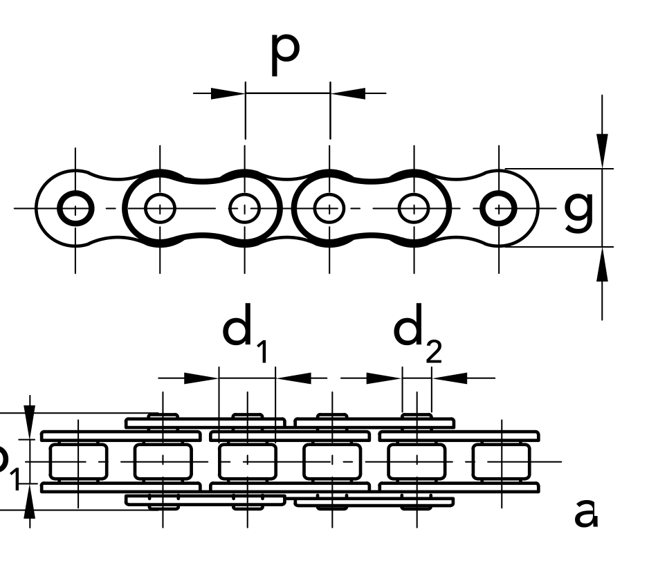 Chiaravalli XRC Stainless Roller Chain SS08B-1 Simplex — dimension drawing